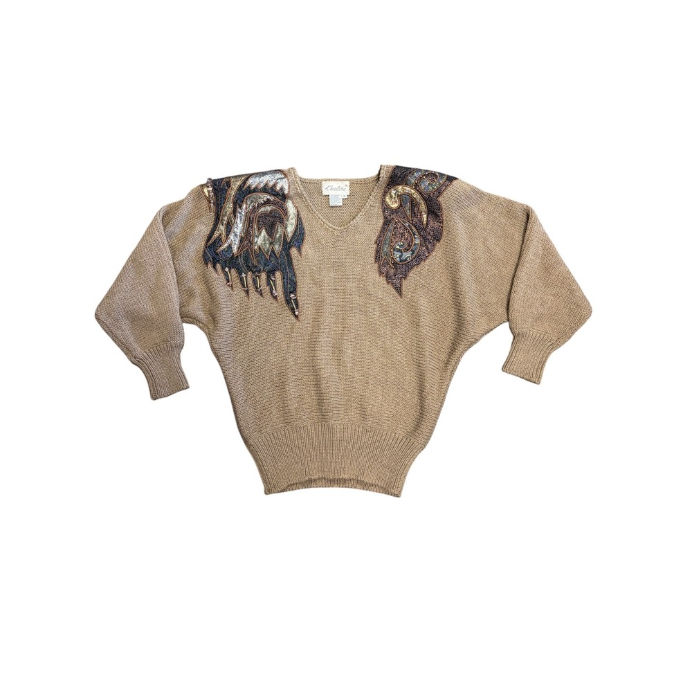 Vintage Christine Tan Batwing Sweater Leather Paisley Beaded Applique V-Neck M